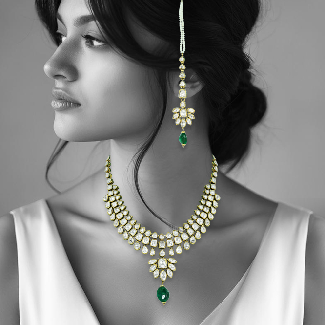 Layered Polki Necklace Set with Emerald Pendant and Kanoti Earrings